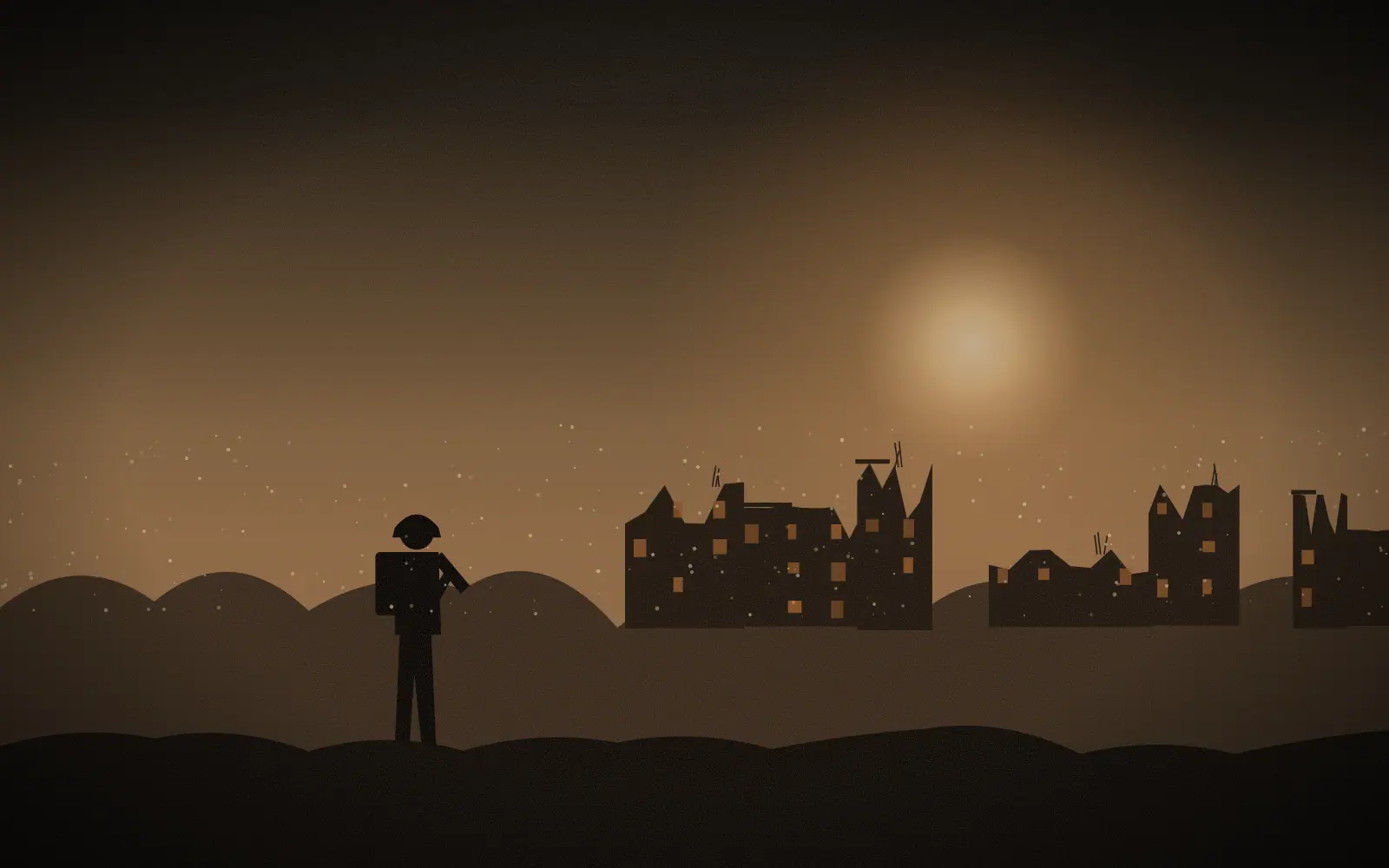Lone survivor standing on a dune above a ruined desert town